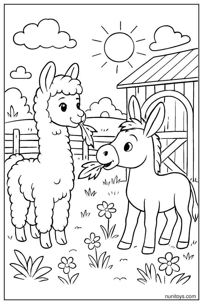דף צביעה אלפקה וחמור אוכלים עשב יחד בחווה