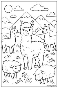 דף צביעה אלפקות וכבשים בשדה הררי עם פרחים