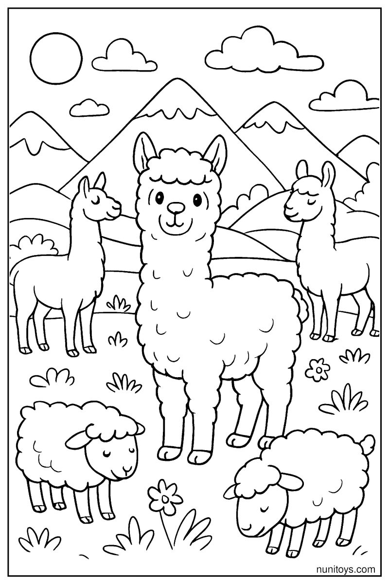 דף צביעה אלפקות וכבשים בשדה הררי עם פרחים