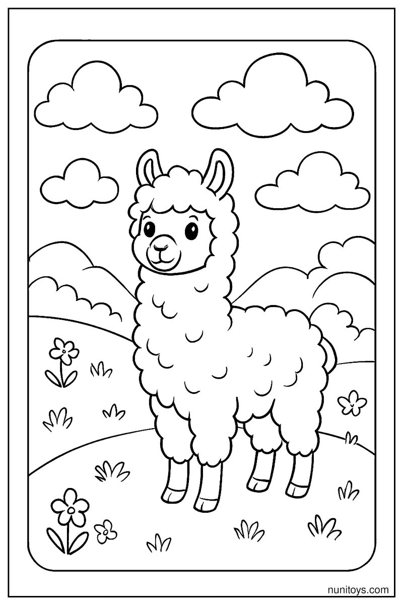 דף צביעה אלפקה עומדת בשדה פרחים עם עננים