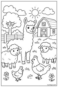דף צביעה אלפקה עם כבשים ותרנגולות בחצר חווה