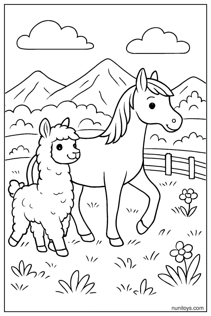 דף צביעה אלפקה הולכת לצד סוס בשדה עם הרים