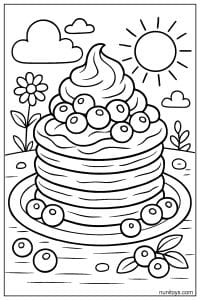 דף צביעה של פנקייקים עם קצפת ואוכמניות על צלחת