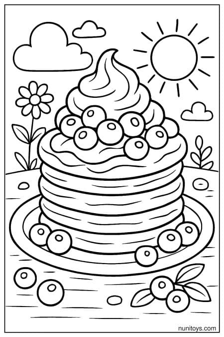 Fluffy Pancake Stack with Cream and Berries Under a Sunny Sky Coloring Page