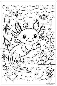 דף צביעה אקסולוטל שוחה עם דגים בין אלמוגים וצמחי מים