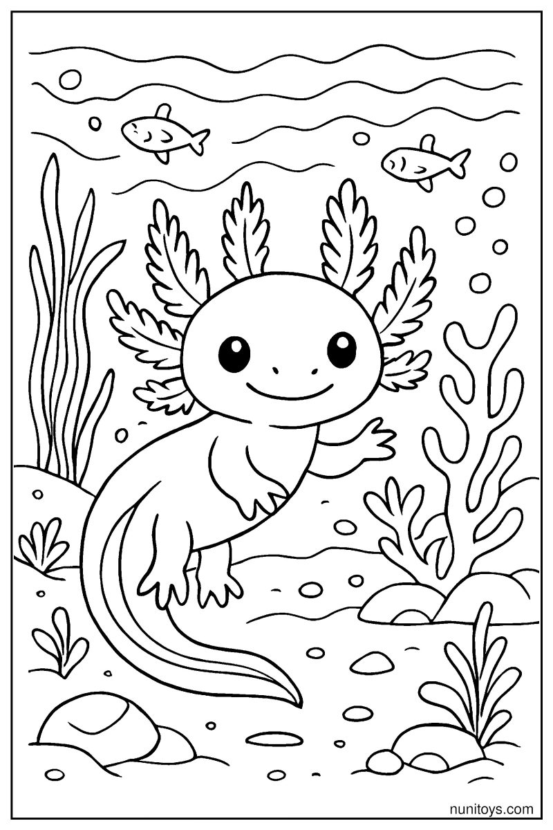 דף צביעה אקסולוטל שוחה עם דגים בין אלמוגים וצמחי מים