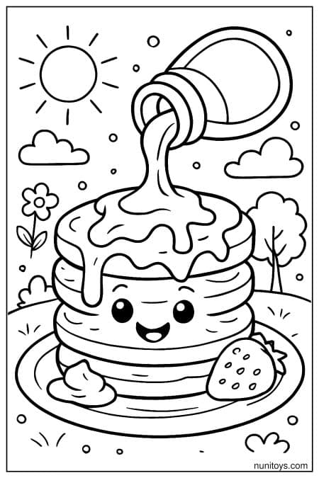 Happy Pancakes with Dripping Syrup and Sunshine Coloring Page