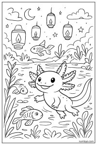 דף צביעה אקסולוטל שוחה בבריכה עם דגים ופנסים תלויים