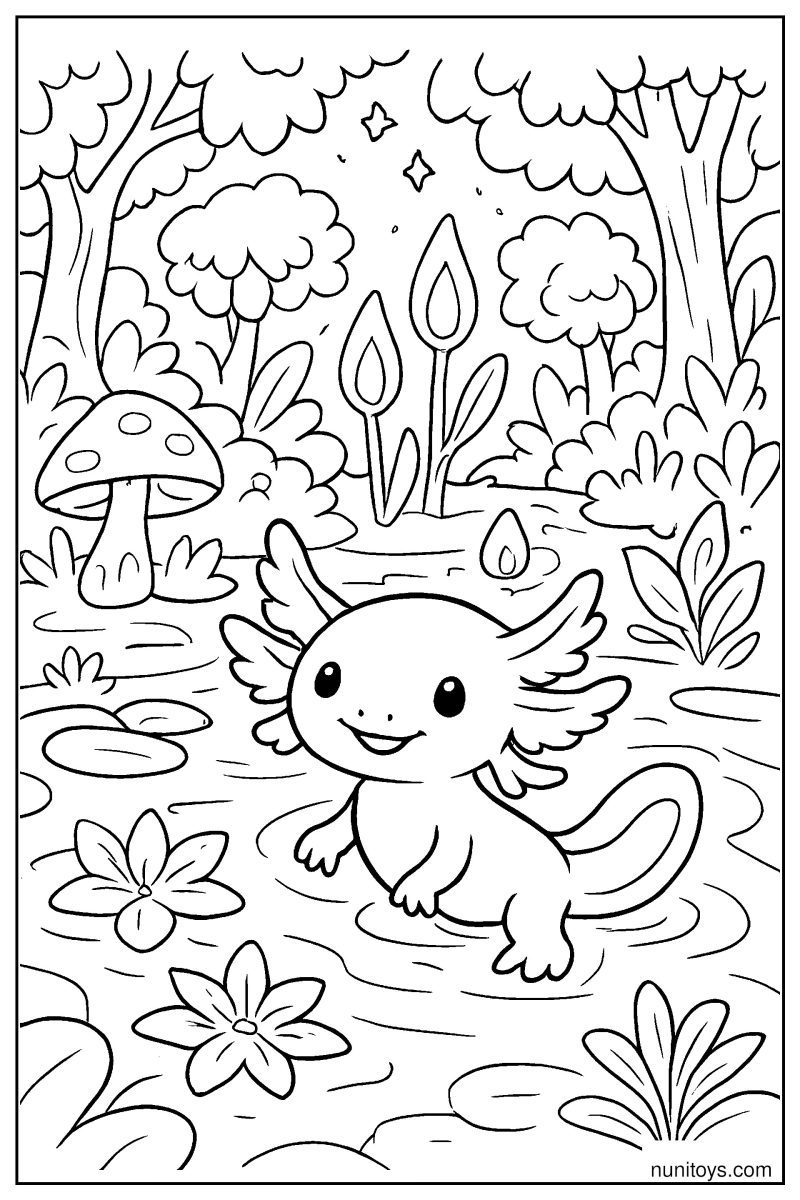 דף צביעה אקסולוטל יושב בבריכה קטנה בין פרחים וצמחייה