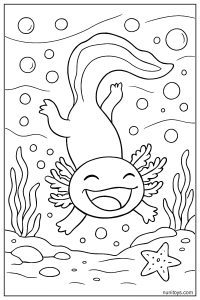 דף צביעה אקסולוטל מתהפך במים עם חיוך גדול