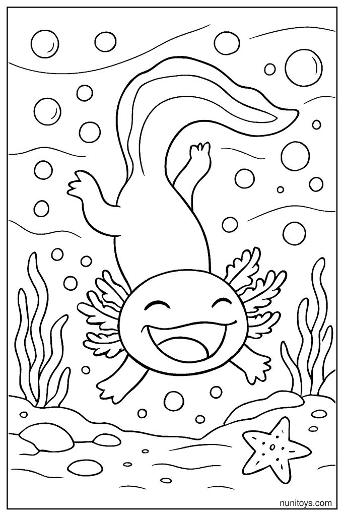 דף צביעה אקסולוטל מתהפך במים עם חיוך גדול