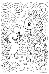 דף צביעה אקסולוטל פוגש סוסון ים מעוצב במים מסתחררים