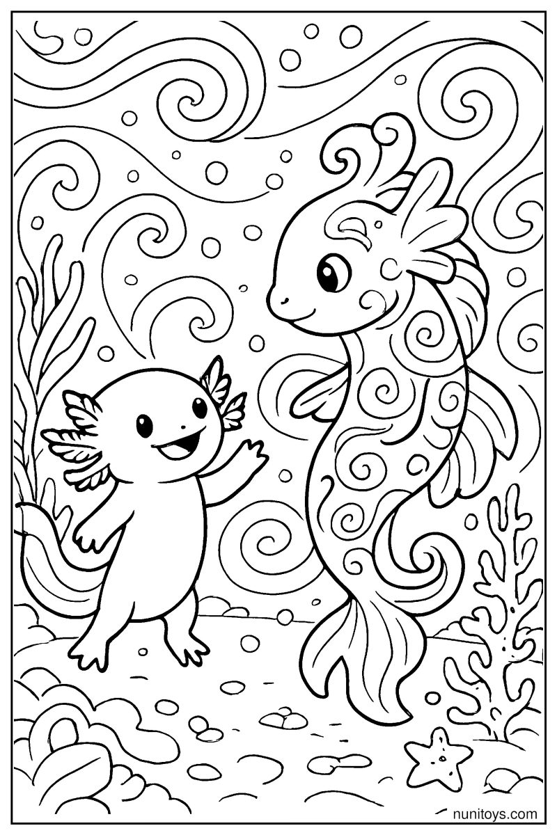 דף צביעה אקסולוטל פוגש סוסון ים מעוצב במים מסתחררים