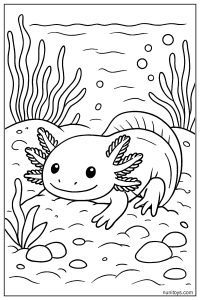 דף צביעה אקסולוטל זוחל על קרקעית המים בין צמחים