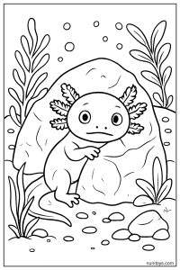 דף צביעה אקסולוטל ביישן מתחבא מאחורי סלע