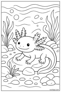 דף צביעה אקסולוטל יושב על אבן במים מוקף צמחי מים