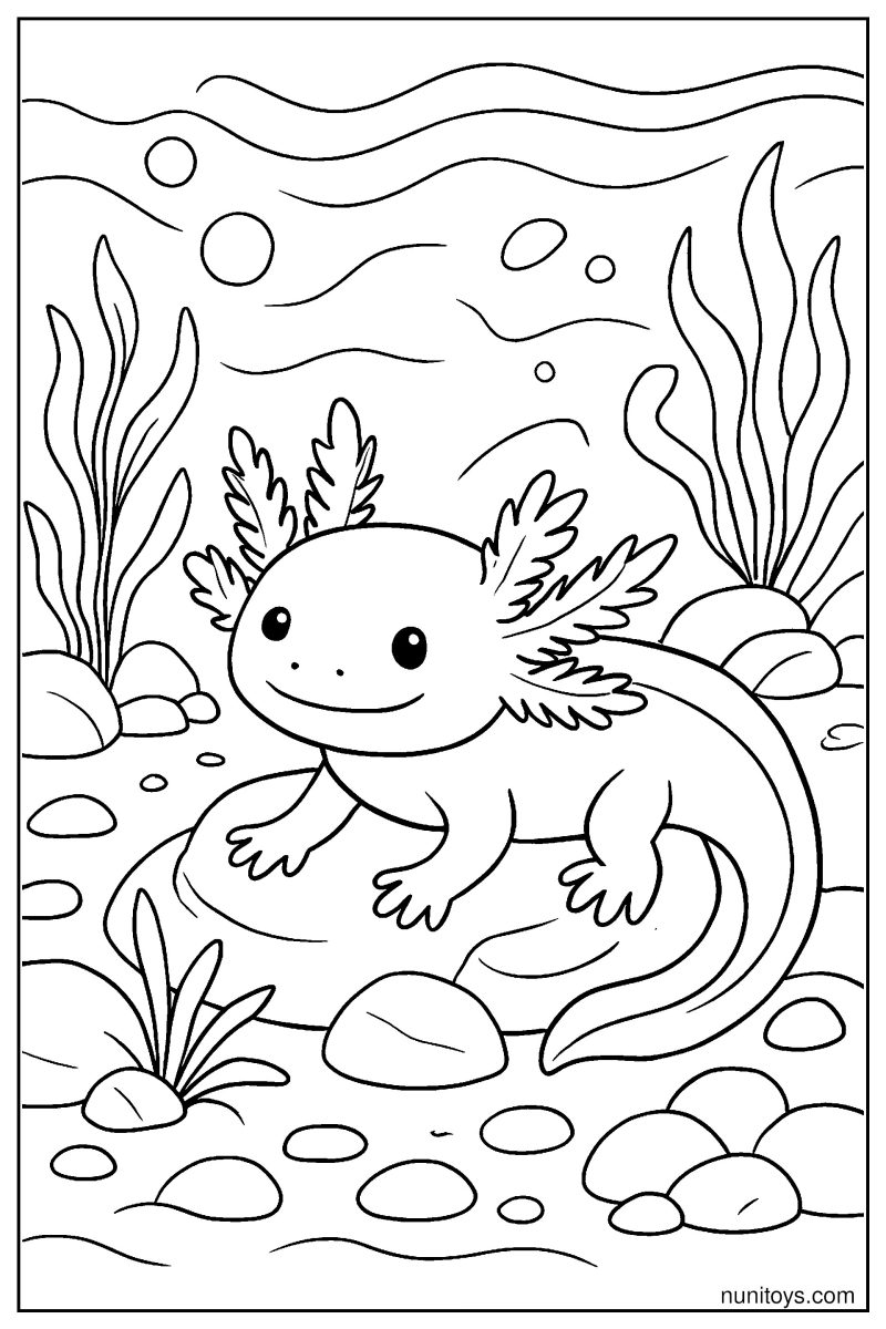 דף צביעה אקסולוטל יושב על אבן במים מוקף צמחי מים