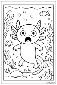 דף צביעה אקסולוטל מופתע בין דגים וצמחי מים