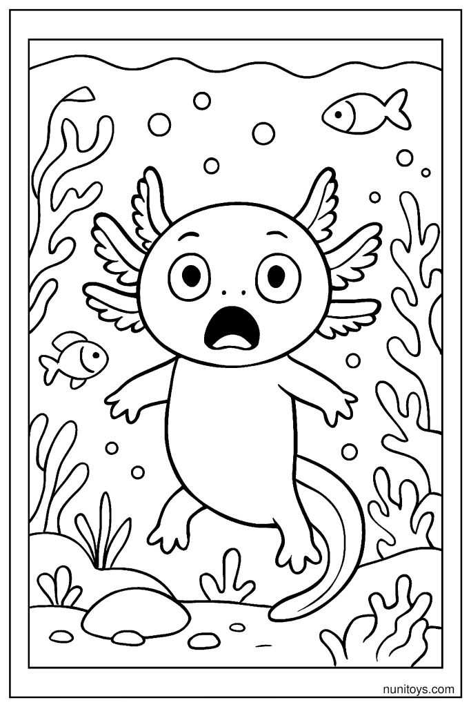 דף צביעה אקסולוטל מופתע בין דגים וצמחי מים