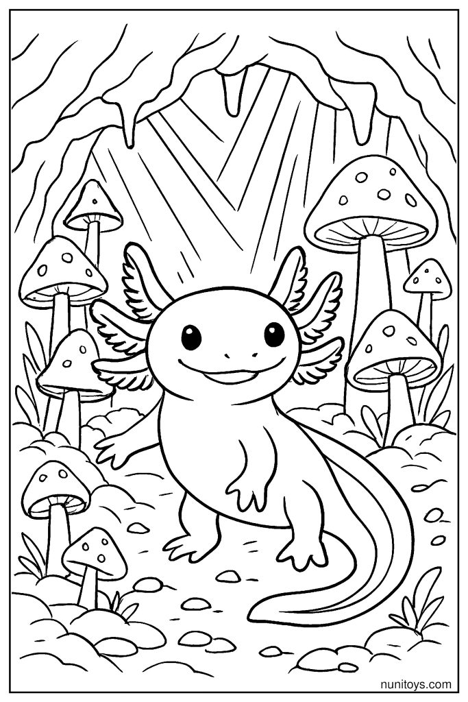 דף צביעה אקסולוטל עומד ביער פטריות קסום בתוך מערה