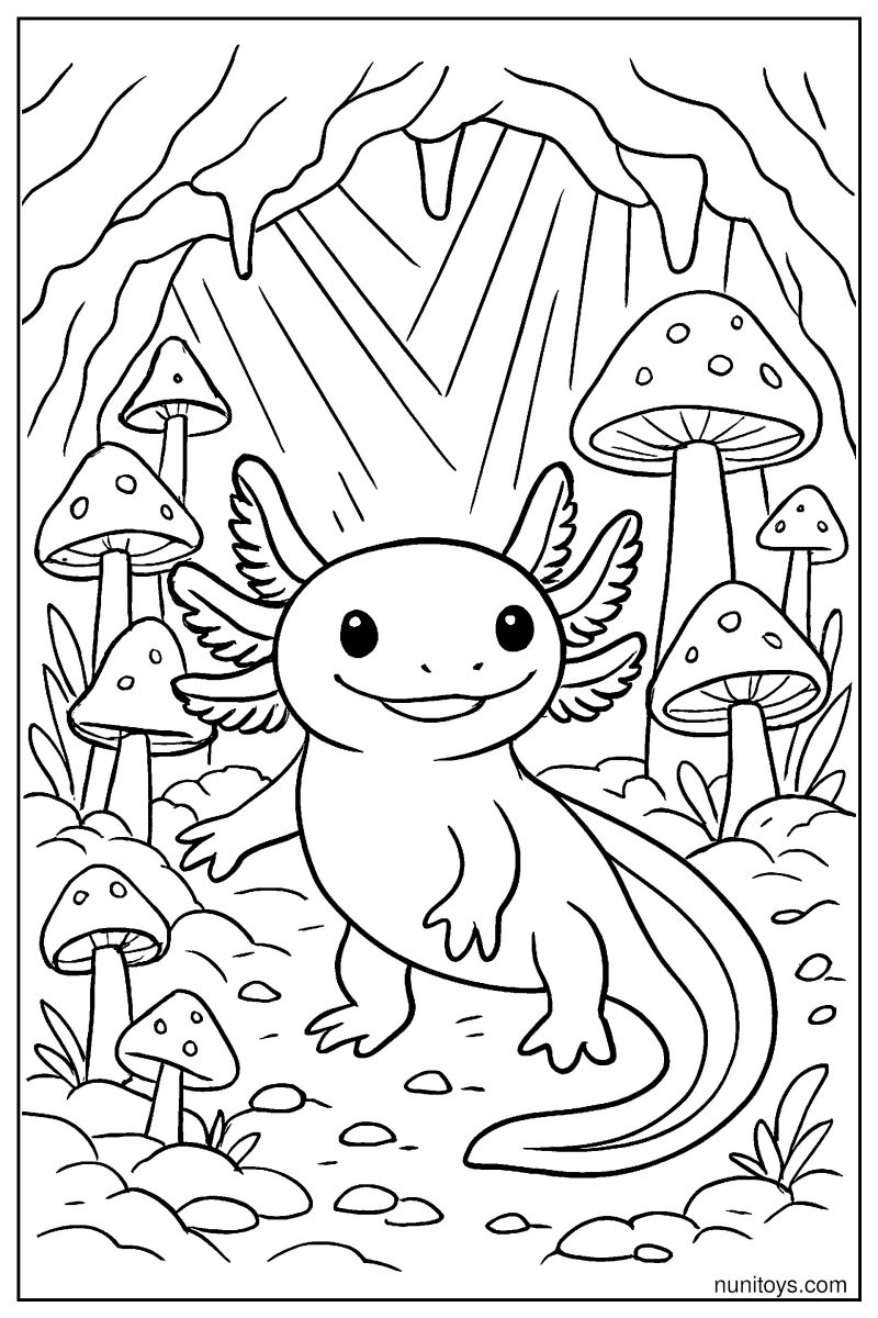 דף צביעה אקסולוטל עומד ביער פטריות קסום בתוך מערה