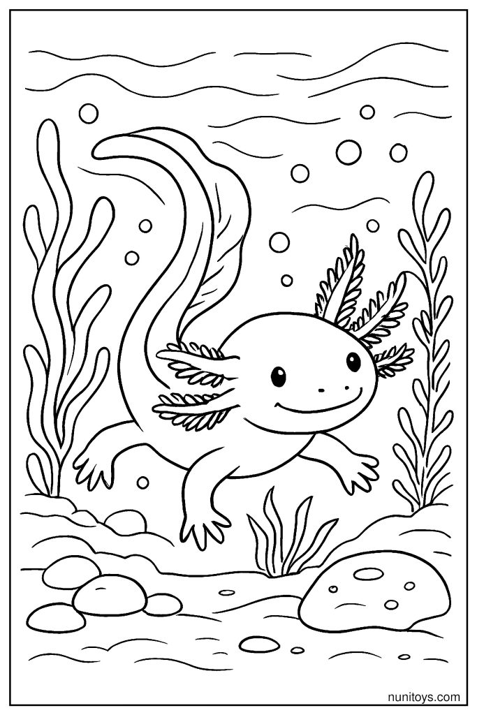 דף צביעה אקסולוטל שוחה בין צמחי מים זורמים