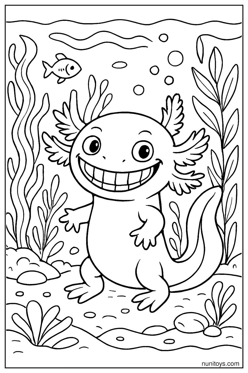 דף צביעה אקסולוטל מחייך חיוך רחב בין צמחי מים