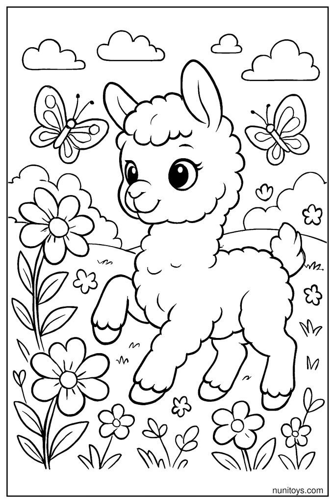 דף צביעה אלפקה קופצת בין פרחים ופרפרים בשדה