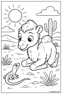 Camel Coloring Page with Lizard in Desert Scene