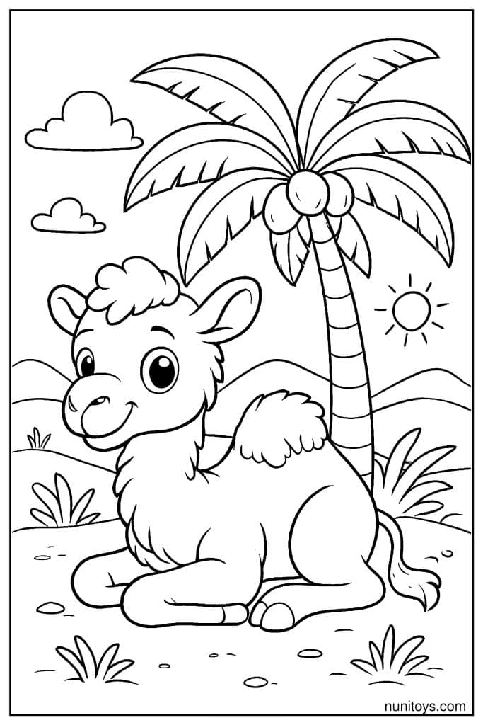 Camel Coloring Sheet Resting Under Palm Tree