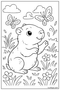 Baby Capybara Playing with Butterflies in a Grassy Field Coloring Page