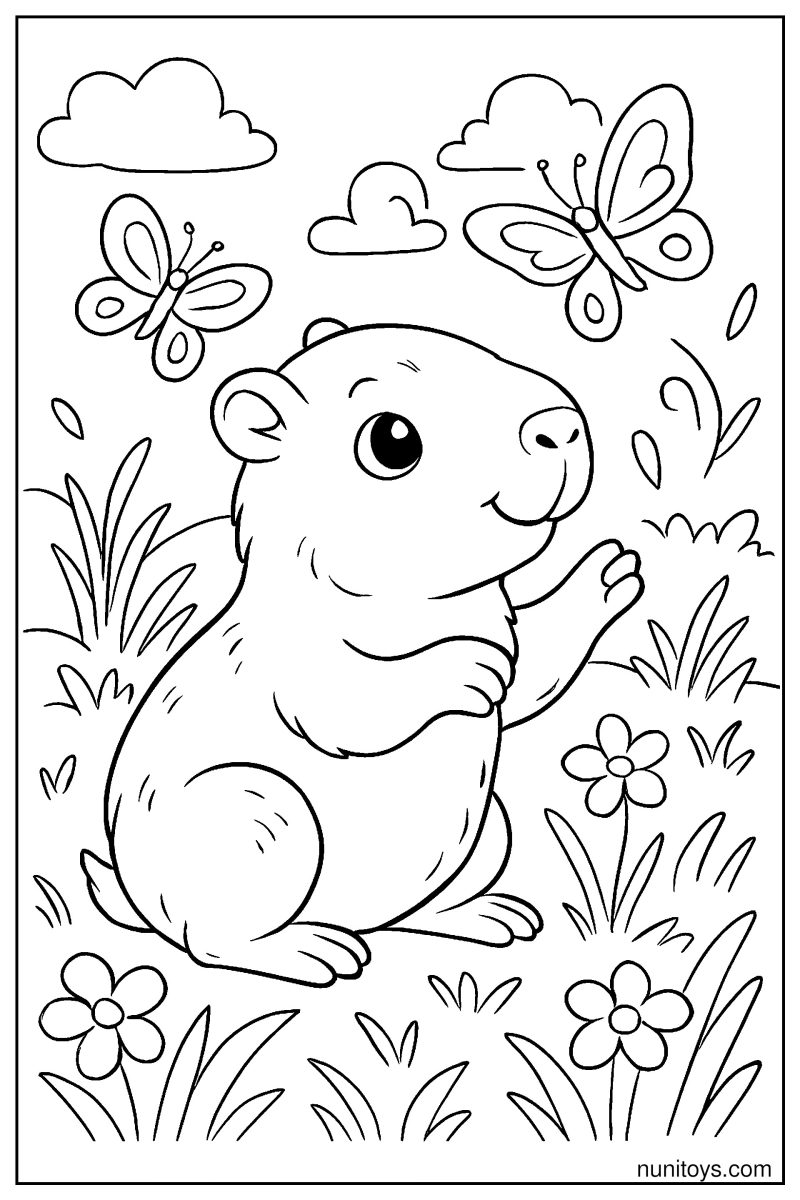 Baby Capybara Playing with Butterflies in a Grassy Field Coloring Page