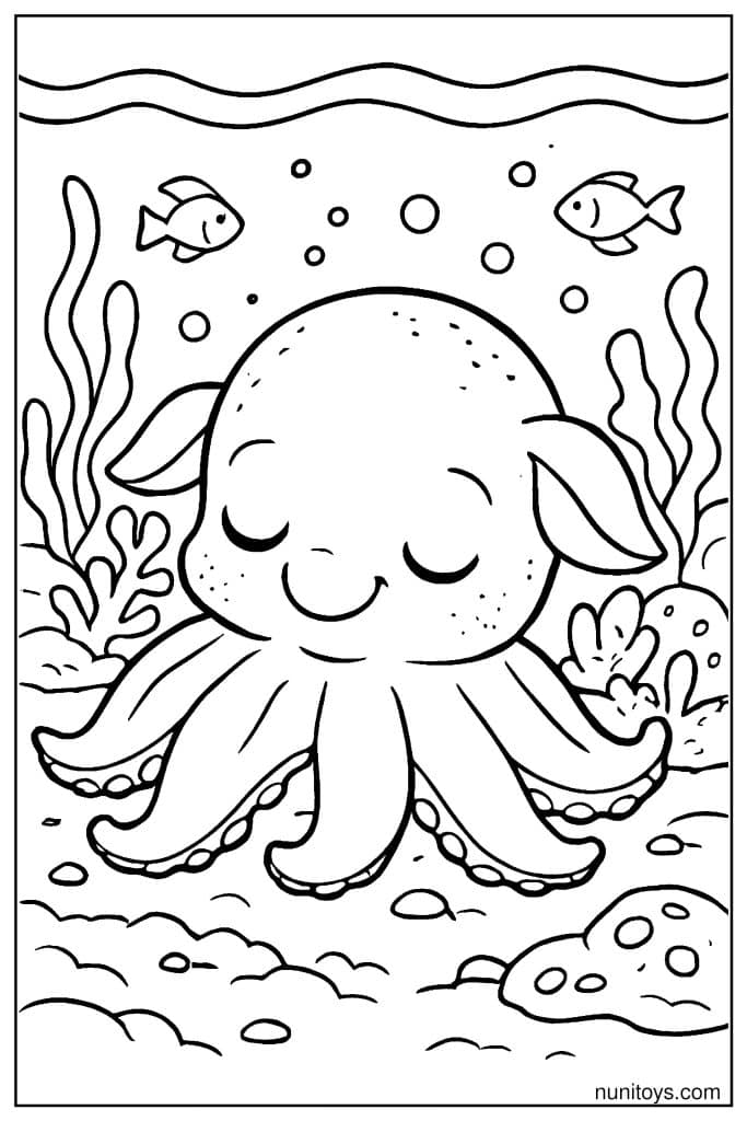 Dumbo Octopus Coloring Page with Fish and Sea Plants