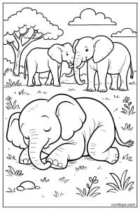 Sleeping Elephant Resting on Grass Coloring Sheet