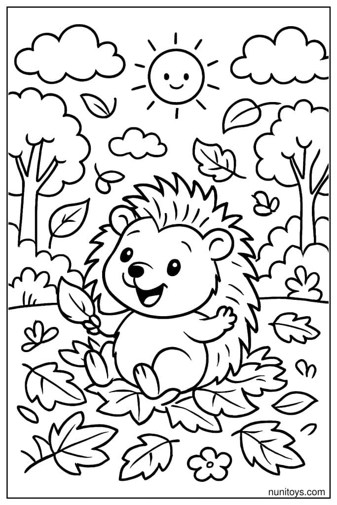 דף צביעה של קיפוד יושב על עלים נושרים ביום סתווי