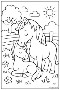 Baby Horse Cuddling with Its Mother Near a Wooden Fence Coloring Page
