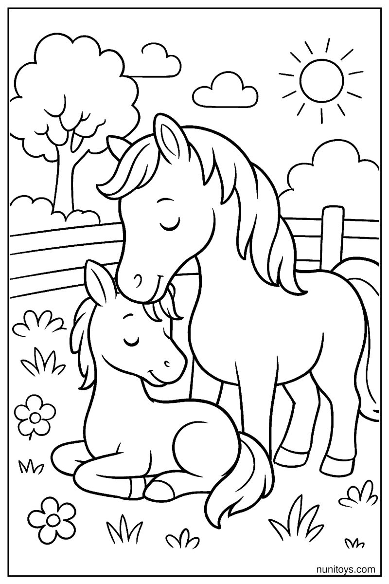 Baby Horse Cuddling with Its Mother Near a Wooden Fence Coloring Page