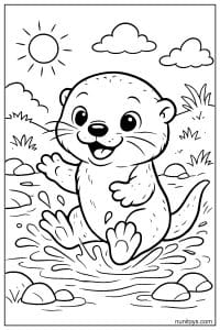 דף צביעה של לוטרה חמודה קופצת ומשחקת במים