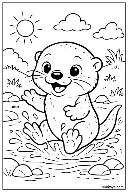 Otter splashes happily in shallow water under sunny sky Coloring Page
