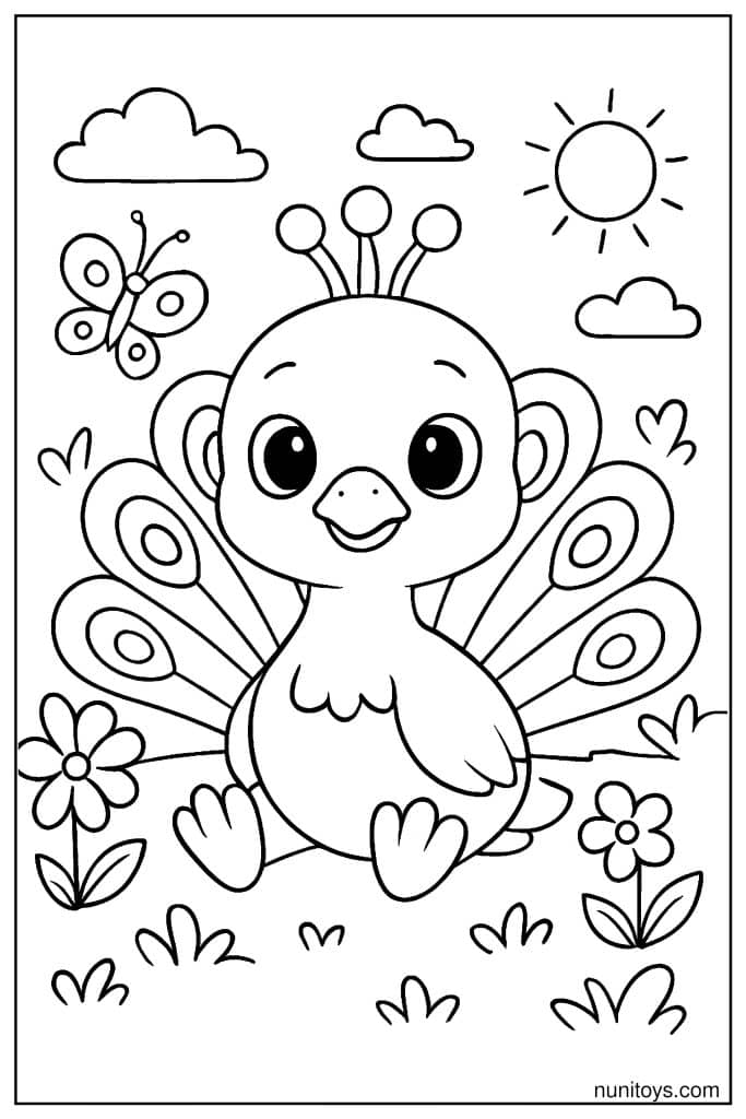 דף צביעה טווס קטן יושב עם זנב פתוח בין פרחים