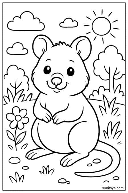 Adorable quokka sits in nature with sunny background Coloring Page