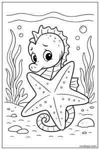 Printable Seahorse Hiding Behind Large Starfish