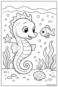 Coloring Sheet Seahorse with Fish and Shell Underwater