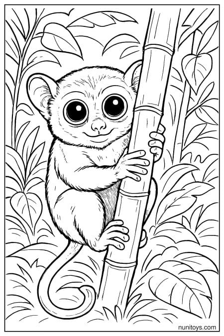 Tarsier Coloring Sheet Climbing Bamboo in Jungle