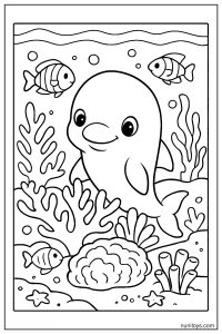 Baby Vaquita Hiding Behind Coral Reef Coloring Page