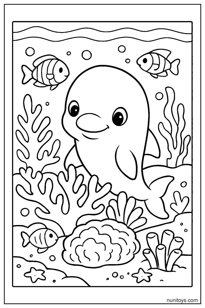 Baby Vaquita Hiding Behind Coral Reef Coloring Page