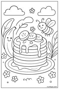 דף צביעה של פנקייקים עם בננה ודבורה מעופפת מעל הצלחת