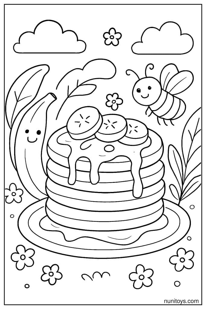 דף צביעה של פנקייקים עם בננה ודבורה מעופפת מעל הצלחת