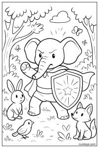 Brave Elephant with Shield in Forest Coloring Sheet