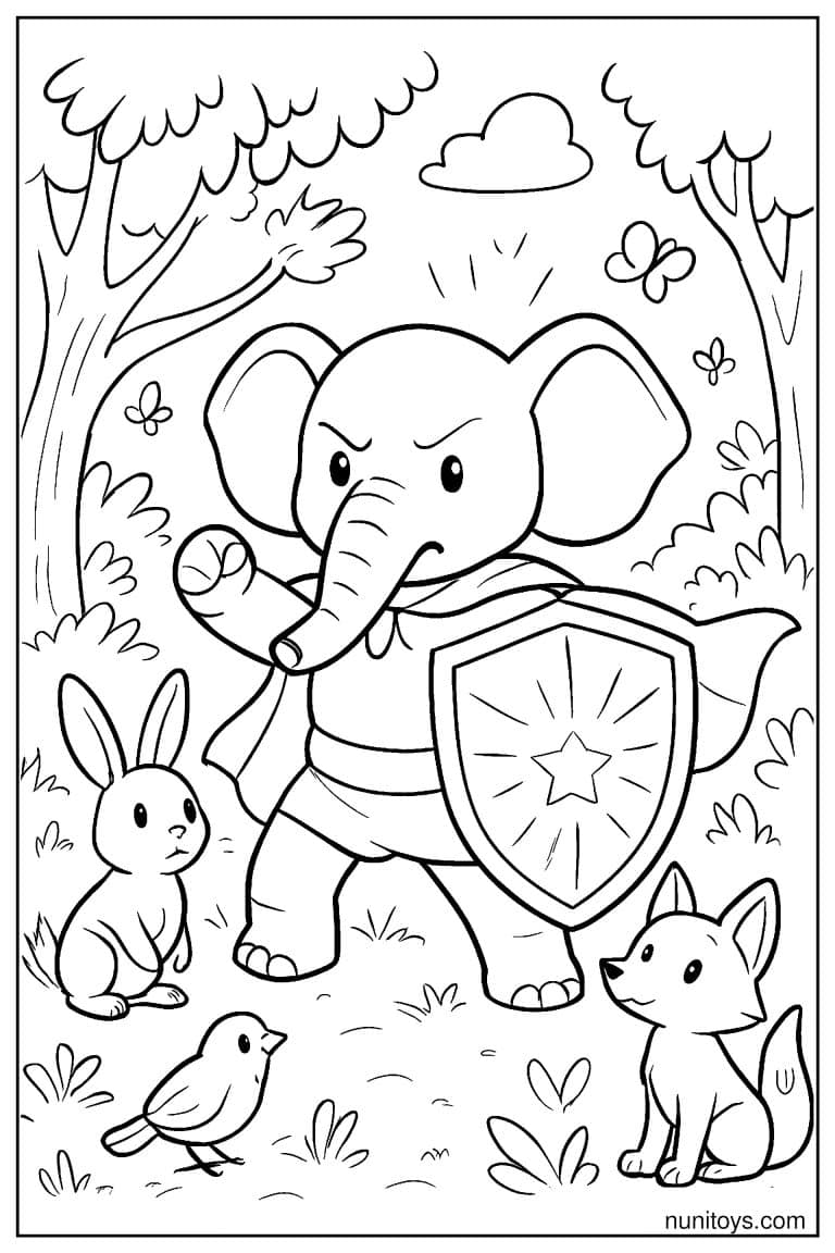 Coloriage éléphant super-héros protégeant les animaux de la forêt